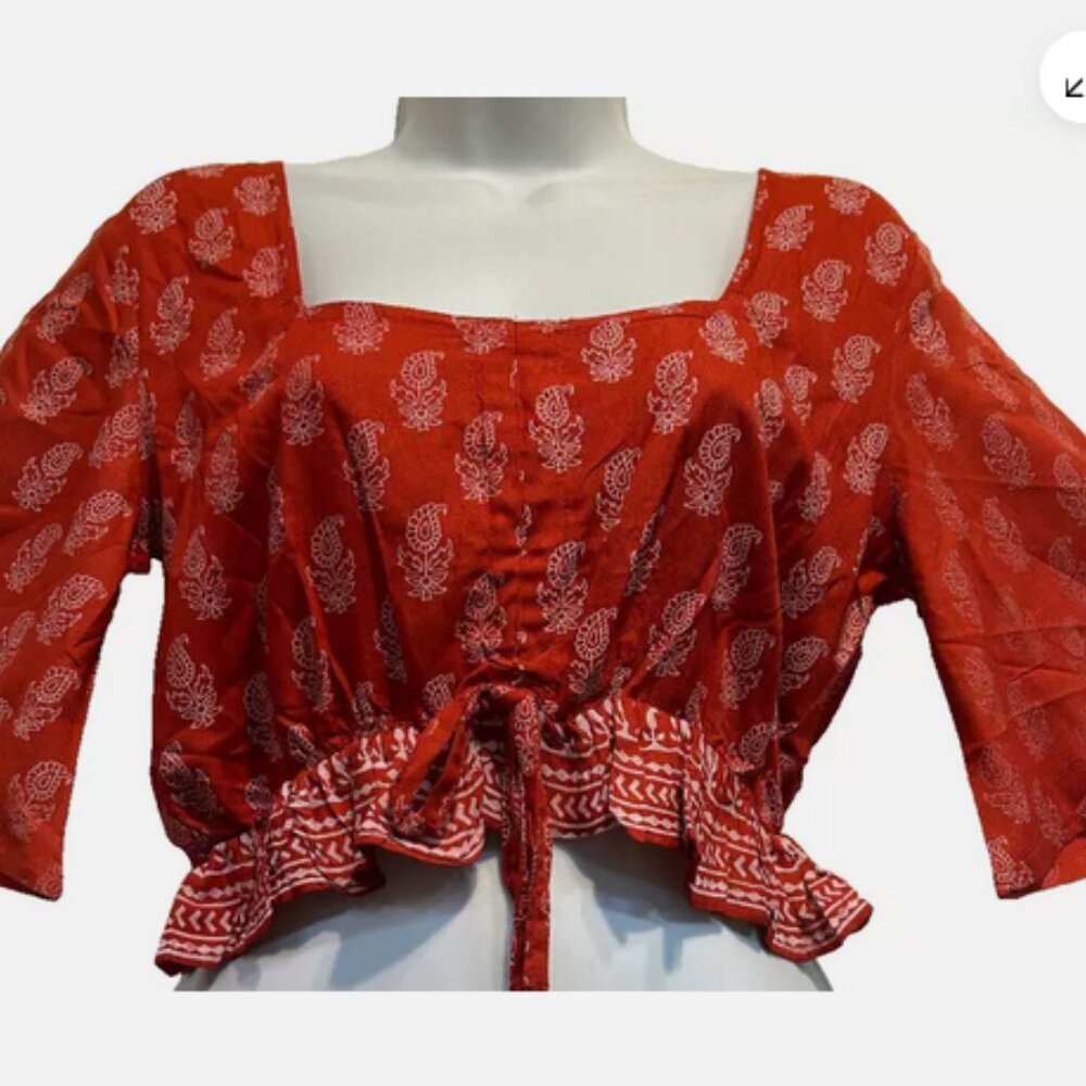Nwt SACRED THREADS boho floral batik rayon drawstring cropped TOP M